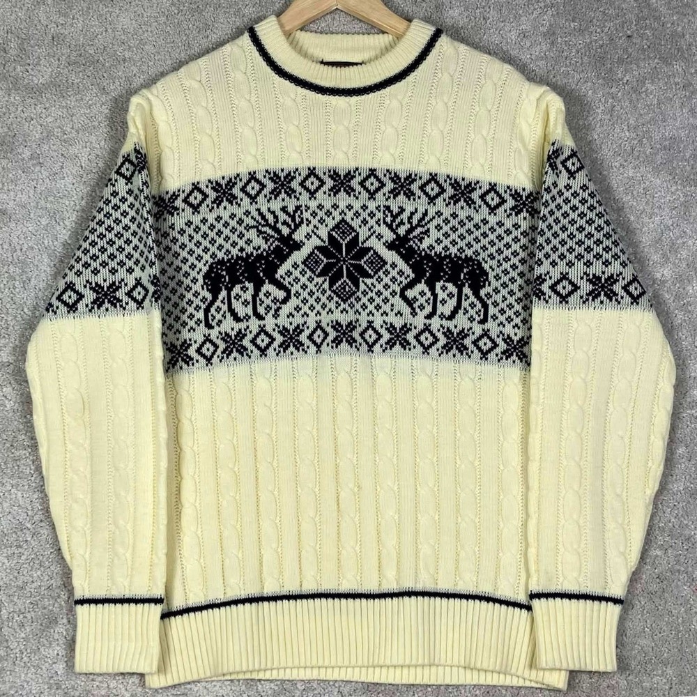 Vintage 80s JCPenney Sweater Mens L Cream Reindeer Snowflake Cable Knit Acrylic